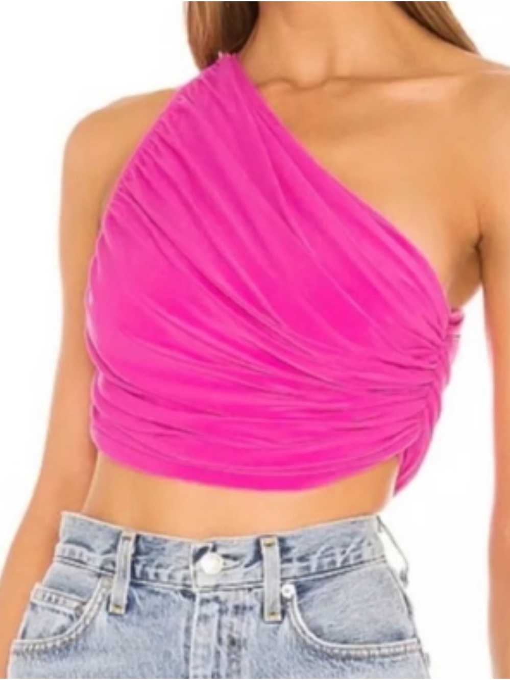 Norma Kamali One-Shoulder Ruched Crop Top — Hot Pink